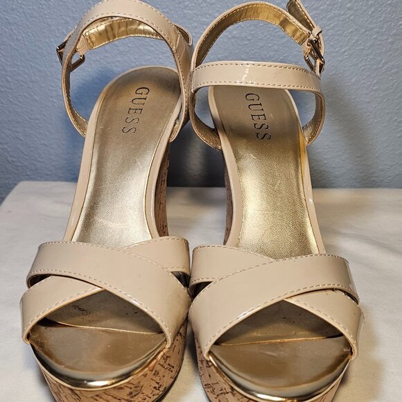GUESS Tan Patent Leather Platform Cork Sandals - Picture 6 of 12